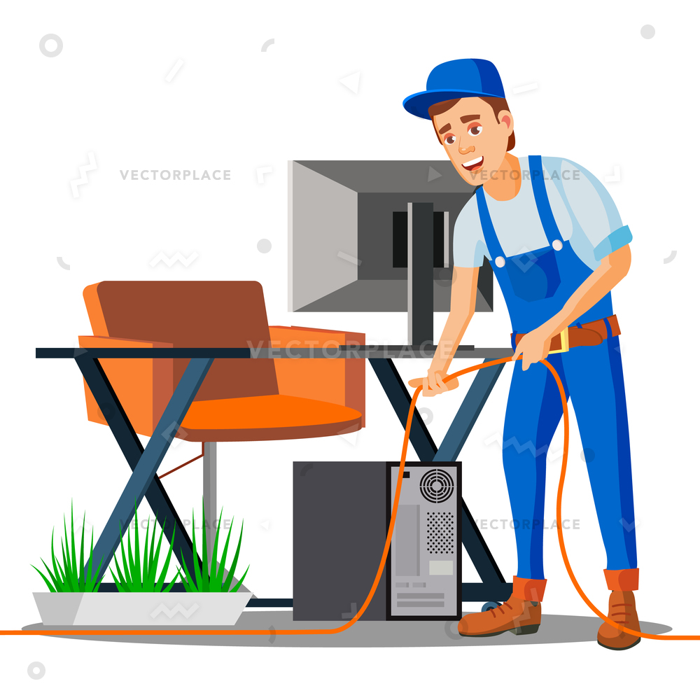 1000x1000 It Specialist Connecting Wires Under Table Vector Illustration
