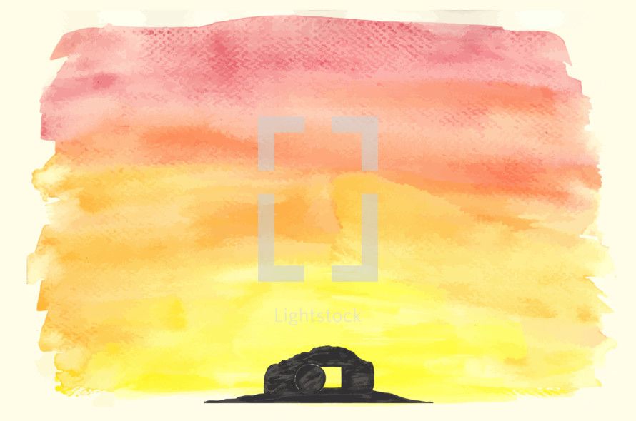 890x590 Vector Watercolor Of The Empty Tomb The Tomb, Hill And Sunrise