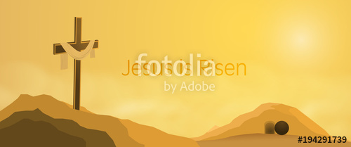 500x209 Easter Background Cross On Rocks With Shroud, Empty Tomb And Text