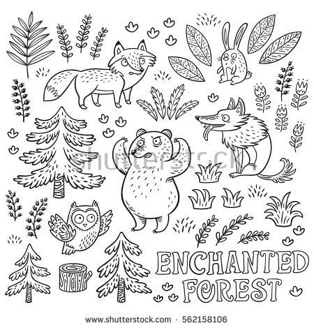 450x470 Enchanted Forest Vector Black And White Hand Drawn Illustration