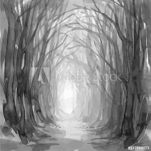 500x500 Woodland Path Ghostly Forest Trail, Watercolor Illustration Old