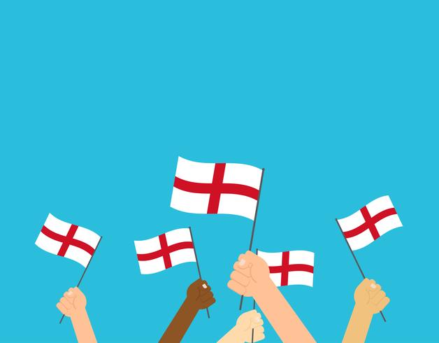 628x490 Vector Illustration Hands Holding England Flags On Blue Background