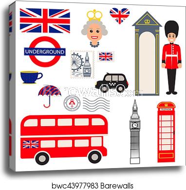 382x390 England Vector Traditional Symbols, Canvas Print Barewalls