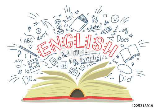 500x354 English Open Book With Language Hand Drawn Doodles And Lettering