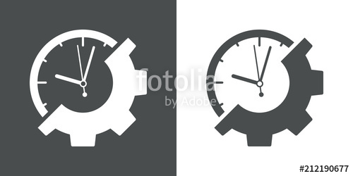 500x250 Icono Plano Reloj Y Engranaje En Gris Y Blanco Stock Image