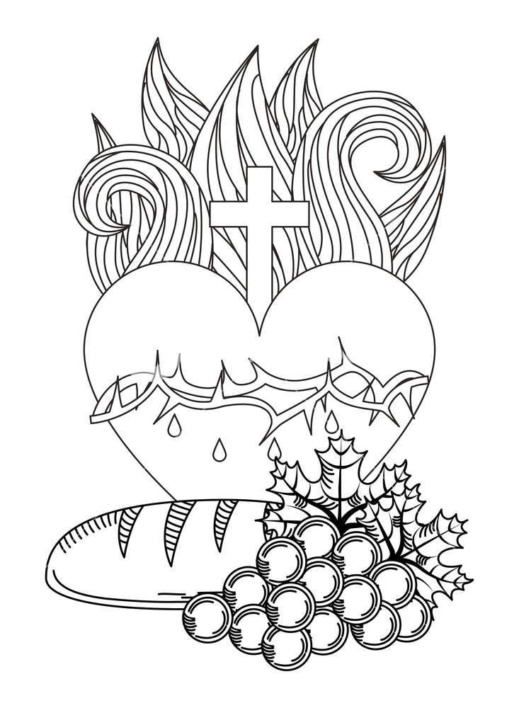 733x1000 Sacred Heart Of Jesus Communion Bread And Grape Engraving Vector