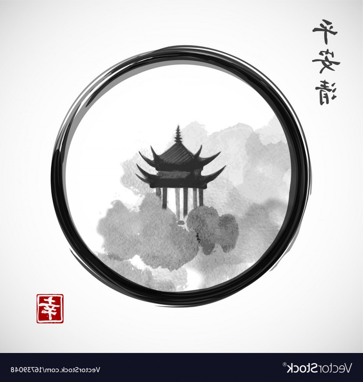 1200x1262 Pagoda Temple And Forest Trees In Black Enso Zen Vector Soidergi