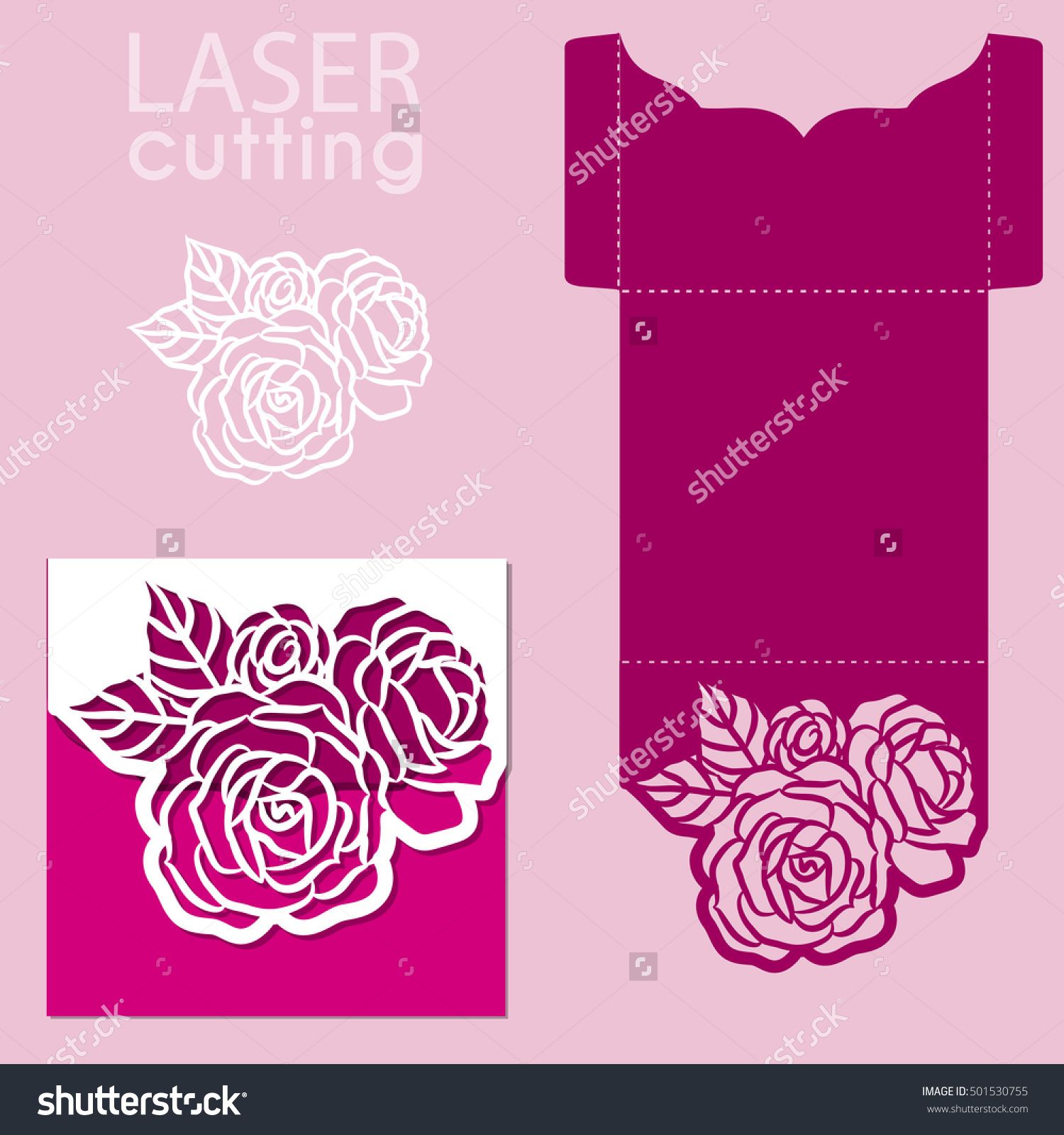 1500x1600 Vector Die Laser Cut Envelope Template With Rose Flower Wedding