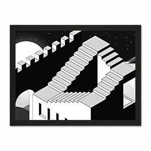 300x300 Vector Landscape Drawing Bw Illusion Mc Escher Framed Art Print