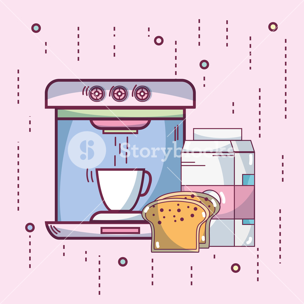 1000x1000 Breakfast Bread And Milk With Coffee In Espresso Machine Vector