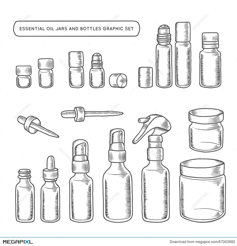 800x830 Essential Oil Jars And Bottles Hand Drawn Graphic Set Vector
