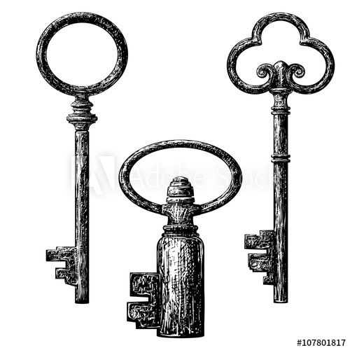 500x500 Old Style Key Collection Etching Vector Drawing