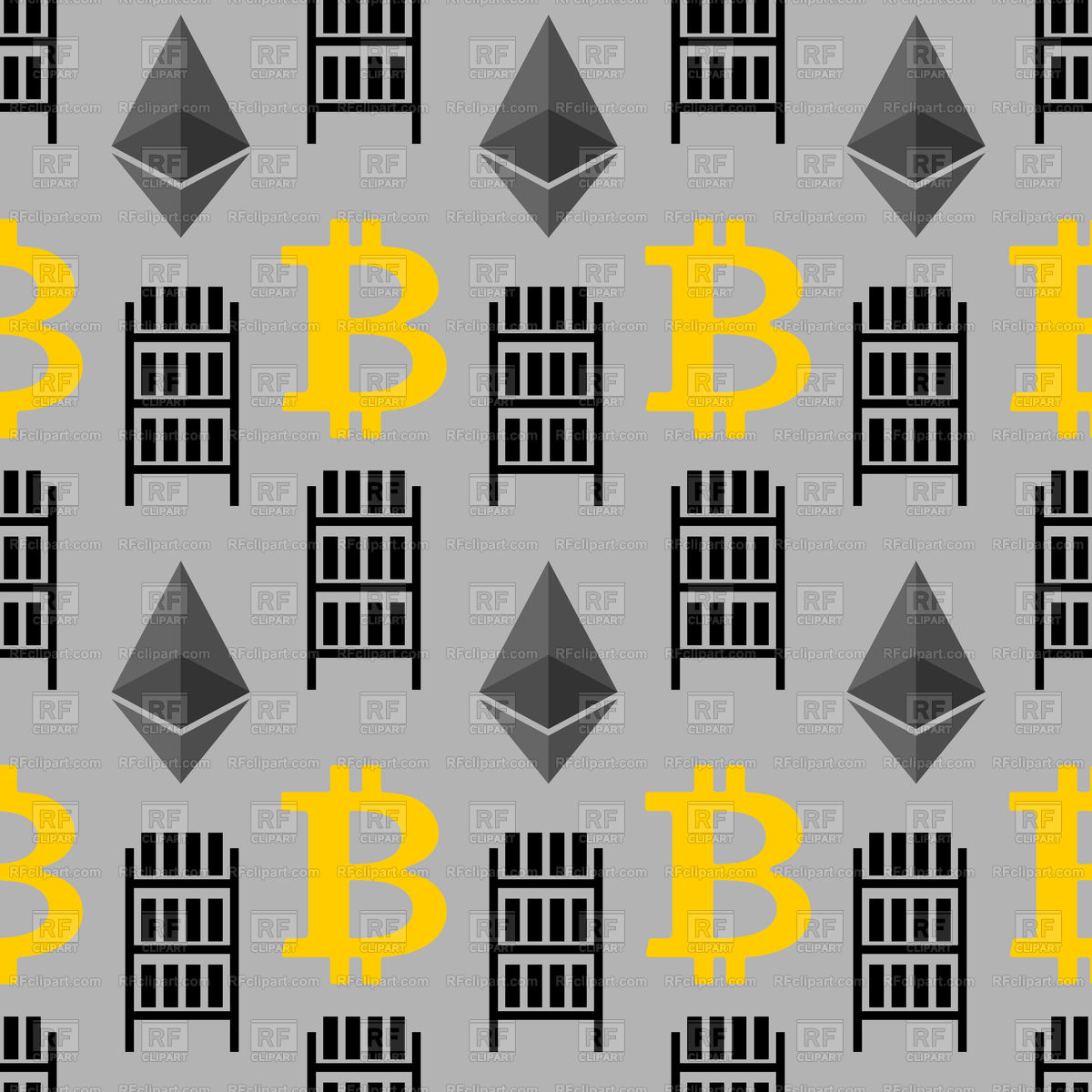 1200x1200 Cryptocurrency Seamless Pattern With Bitcoin, Mining Farm