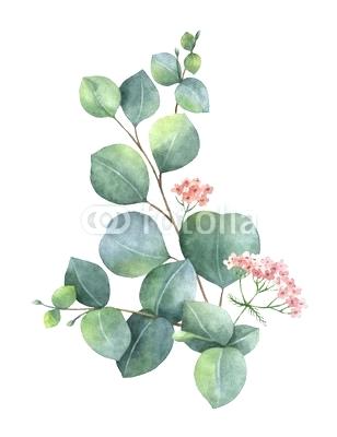 308x400 Watercolor Vector Bouquet With Green Eucalyptus Leaves