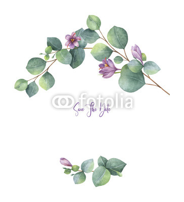 364x400 Watercolor Vector Wreath With Green Eucalyptus Leaves, Purple