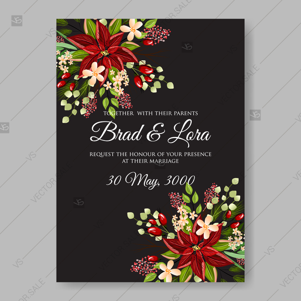 600x600 Winter Wedding Invitation Red Poinsettia Evergreen Fir Pine Branch
