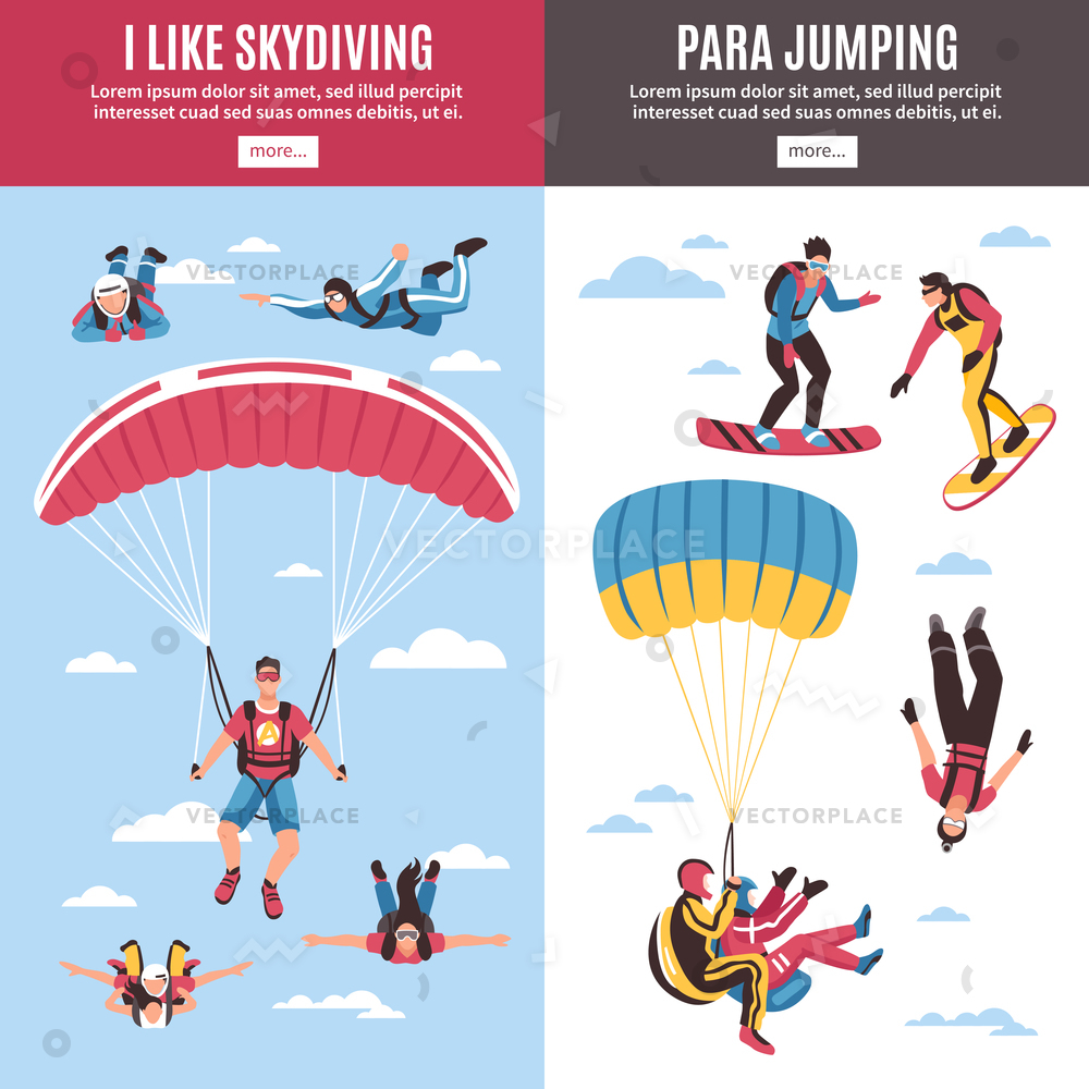 1000x1000 Skydiving Vertical Banners Set Extreme Sports Vector Illustration
