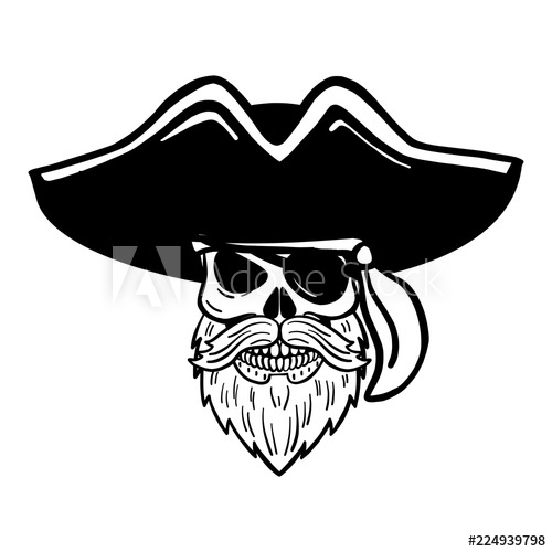 500x500 Hand Drawn Vector Pirate Skull With Beard, Hat And Eye Patch T