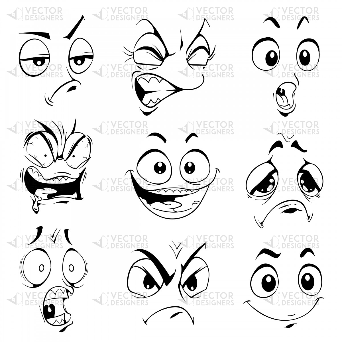 1200x1200 Nine Facial Expressions Set On A Black And White Illustrations