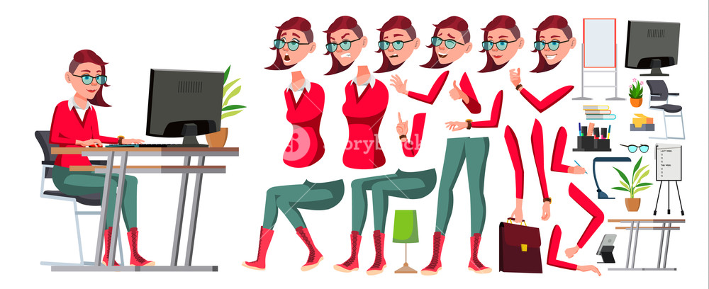 1000x408 Office Worker Vector Woman Animation Creation Set Lifestyle