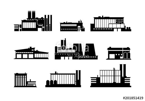 500x350 Factory, Manufacturing Plant And Warehouse Black Silhouette Icons