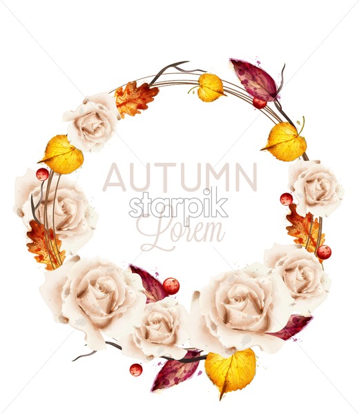 520x600 Autumn Roses Wreath Card Watercolor Vector Fall Floral Design