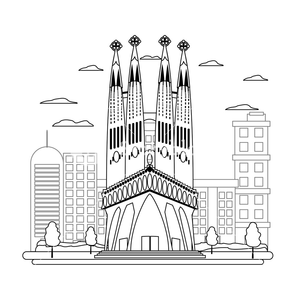 1000x1000 Line Sagrada Familia Tower And Nice Cityscape Vector Illustration