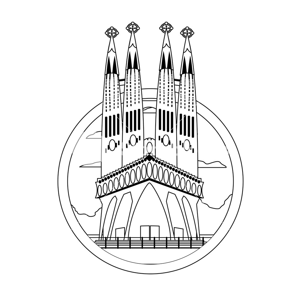 1000x1000 Line Sagrada Familia Tower In Barcelona And Landscape Vector
