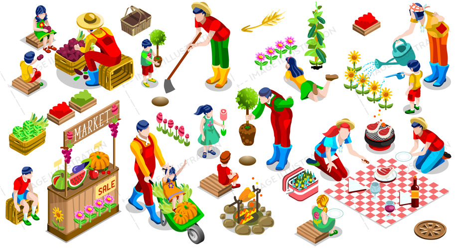 915x499 Isometric People Plant Tree Family Icon Set Vector Illustration