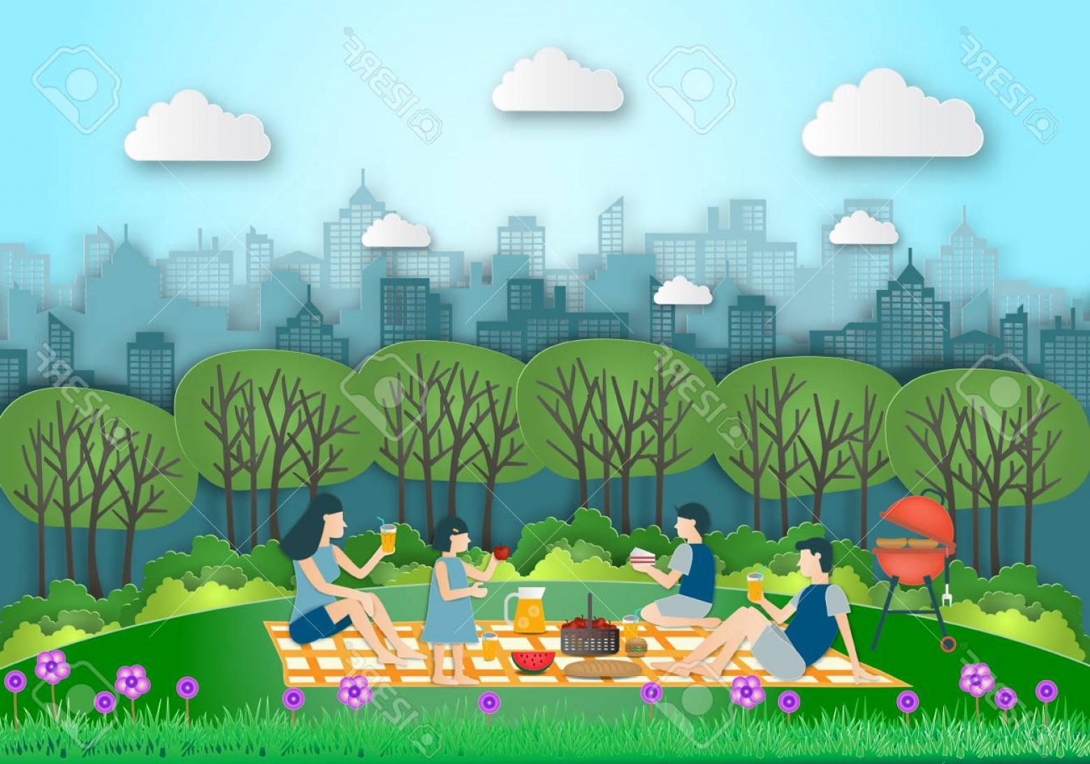 1560x1094 Photostock Vector Family Making Picnic On City Park Outdoor Dad