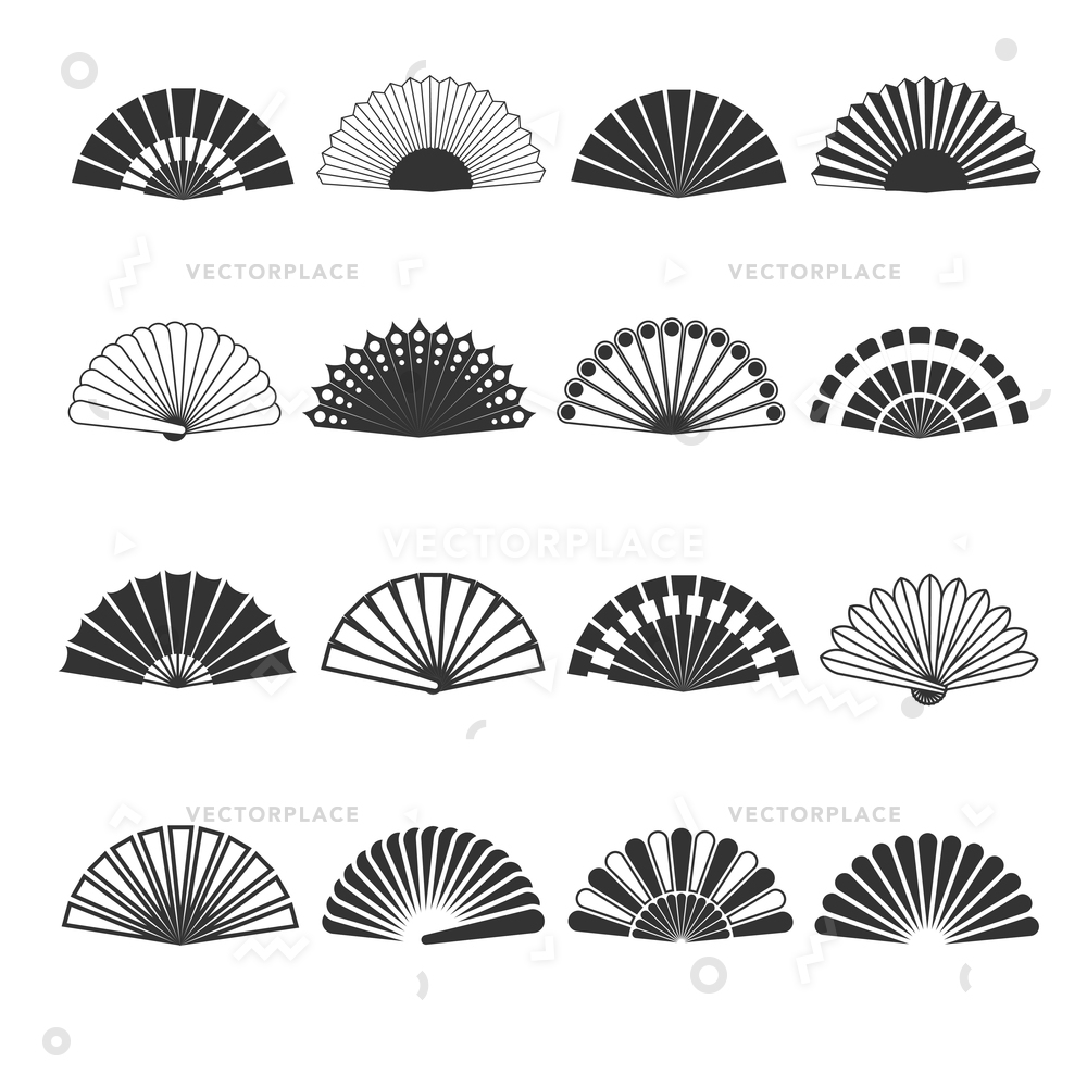 1000x1000 Hand Fan Icons Oriental Souvenir Elegance Vector Illustration