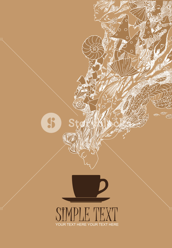 695x1000 Fantasy Vector Illustration Of Coffee Cup And Female Head Royalty