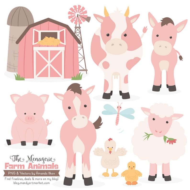 794x794 Premium Soft Pink Farm Animals Clip Art Vectors Soft Pink Etsy
