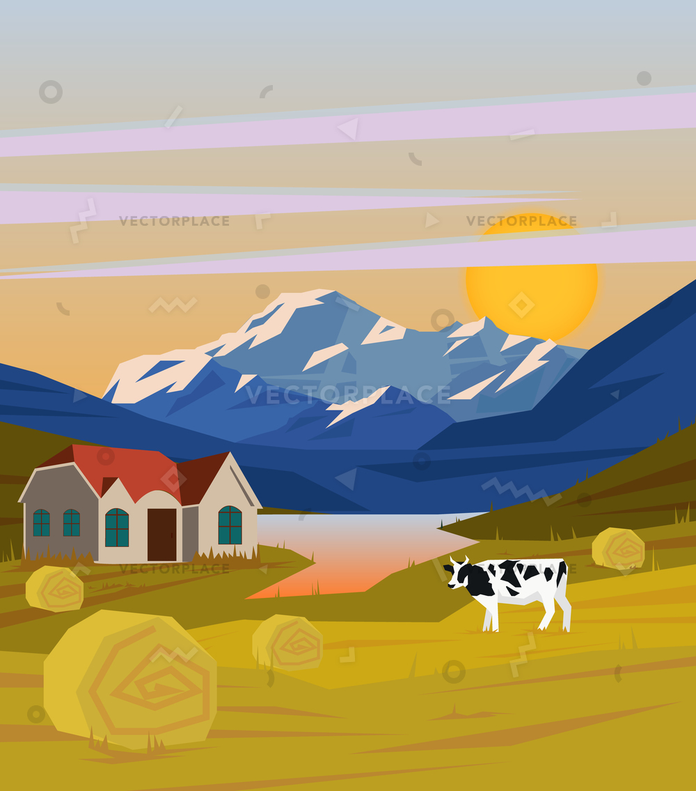 1000x1135 Colorful Drawing Rural Landscape Template Farm Vector Illustration