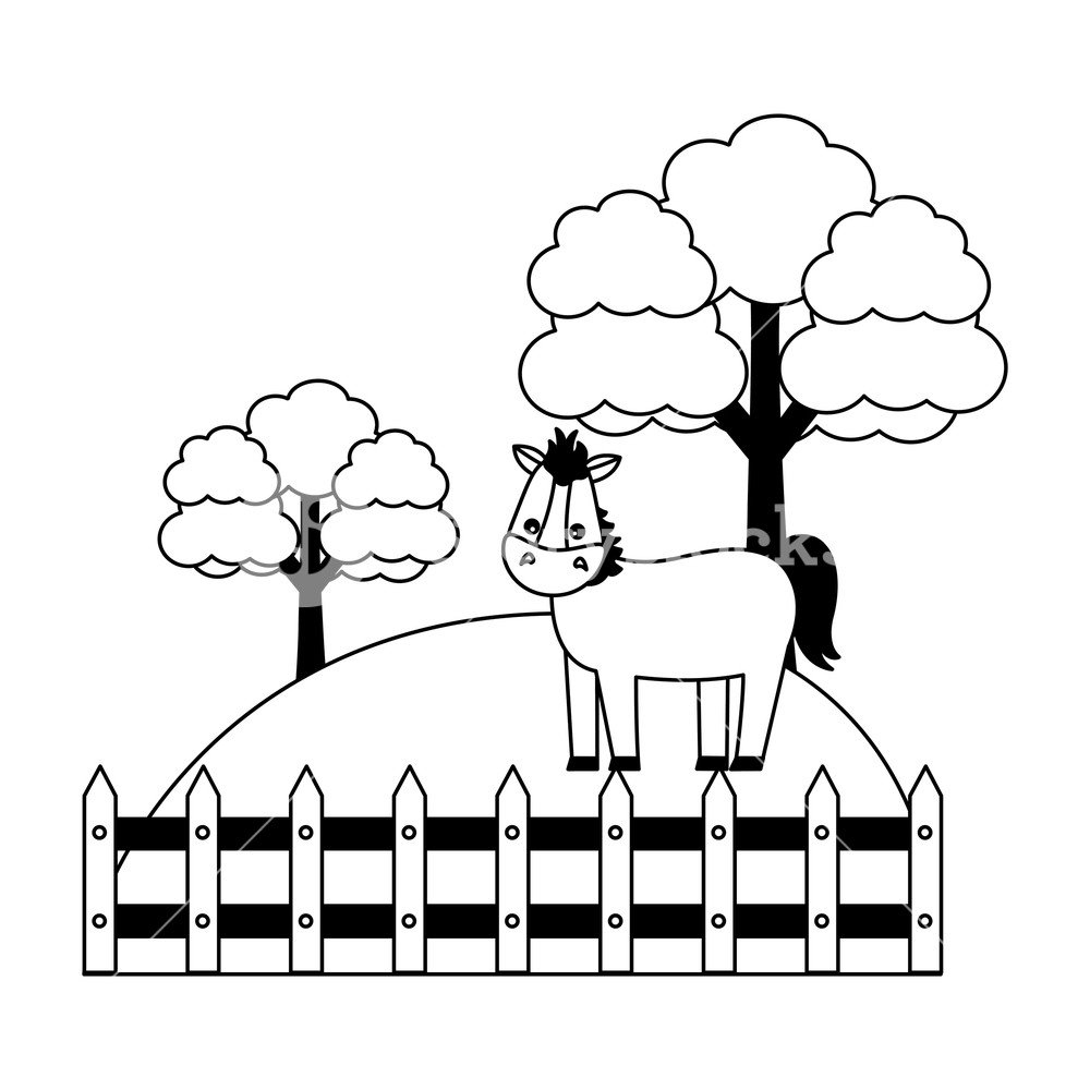 1000x1000 Horse Fence Trees Grass Farm Animal Vector Illustration Royalty