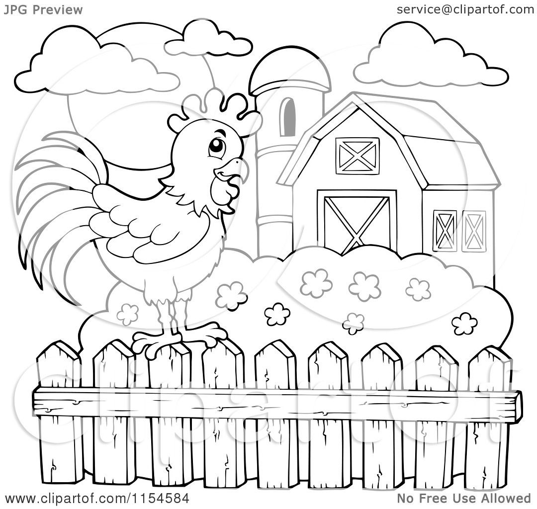 1080x1024 Cartoon Of An Outlined Rooster On A Farm Fence