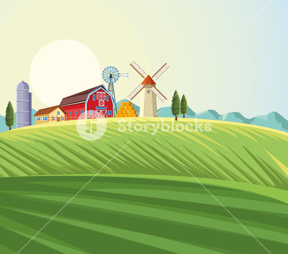 Farm Landscape Scenery With Windmill And Barn Vector Illustration 1000x883 Farm Landscape Scenery With Windmill And Barn Vector Illustration
