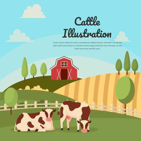 Cattle On Farm Landscape Illustration Vector 490x490 Cattle On Farm Landscape Illustration Vector