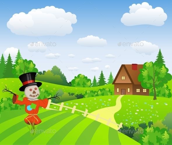 Farm Landscape With Cartoon Scarecrow 590x496 Farm Landscape With Cartoon Scarecrow