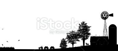 380x165 Farm Scene Done In Black Silhouette With Barn Building,windmill