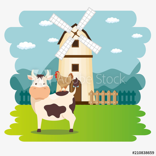 500x500 Cows In The Farm Scene Vector Illustration Design