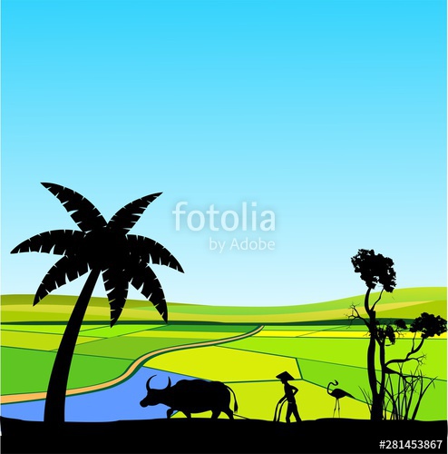 494x500 Chinese Asian Farm Silhouette Vector Landscape, Vector Countryside