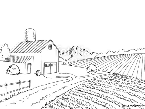 500x375 Farm Field Graphic Black White Sketch Illustration Vector Stock