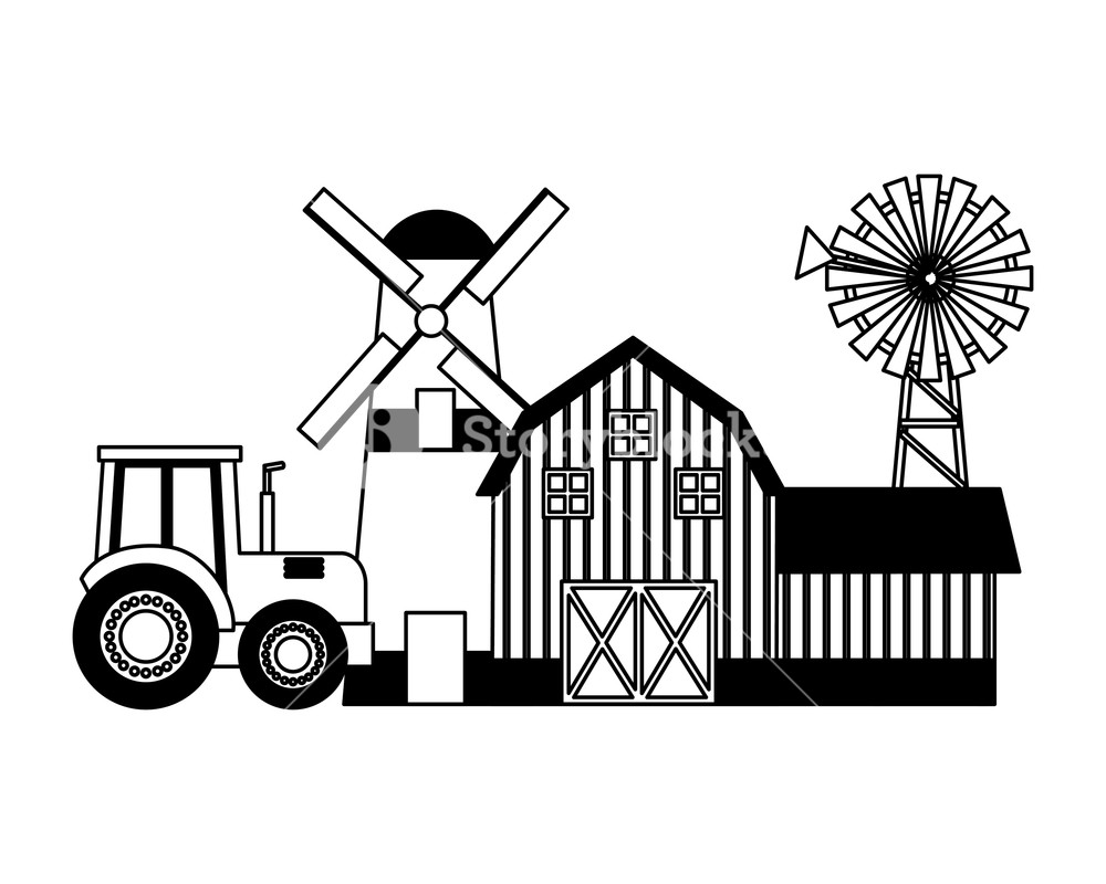 1000x800 Barn Windmill House And Tractor Farm Vector Illustration Royalty
