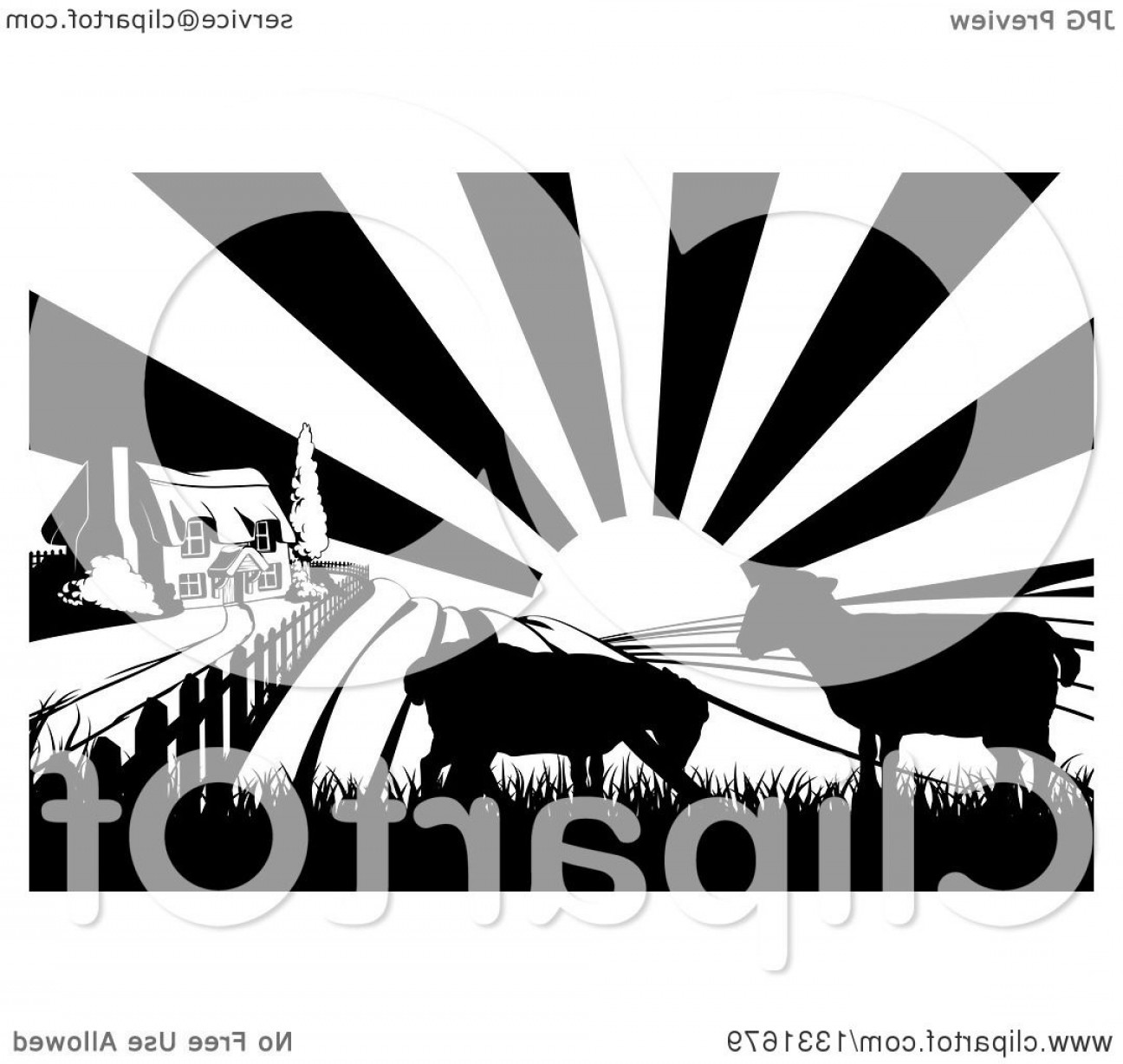 1296x1228 Black And White Sunrise Over A Cottage Farm House With Two