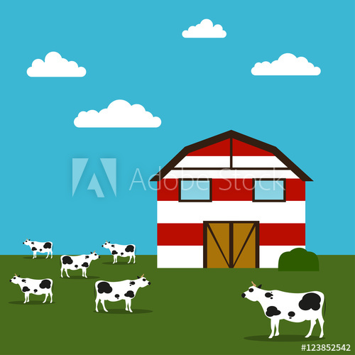 500x500 Farmhouse Vector Illustration Red White Barn In A Field