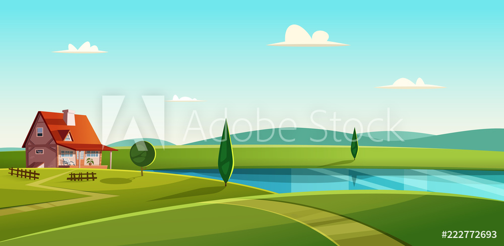 1000x489 Poster Rural Landscape With Cottage On The Lake Country House