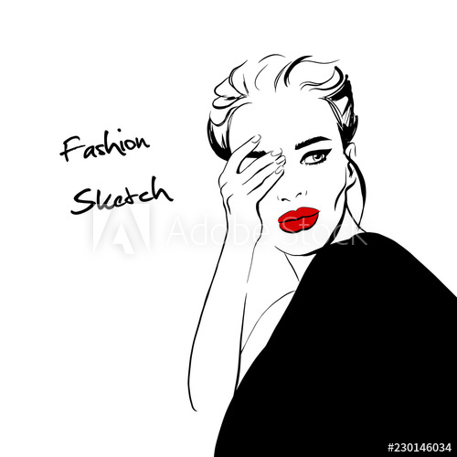 Fashion Woman Sketch Girl In Black Jacket And Red Lips Beautiful 500x500 Fashion Woman Sketch Girl In Black Jacket And Red Lips Beautiful