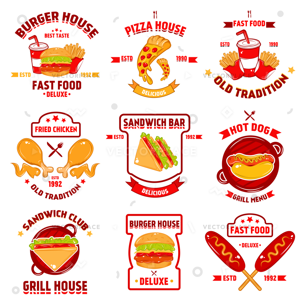 1000x1000 Fast Food Logo Set Nine Isolated Vector Illustration