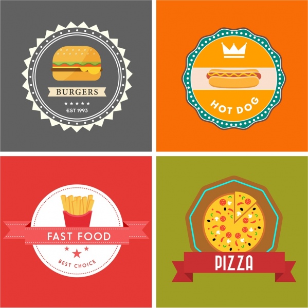 599x600 Fast Food Logo Sets Serrated Circles Ribbon Ornament Free Vector